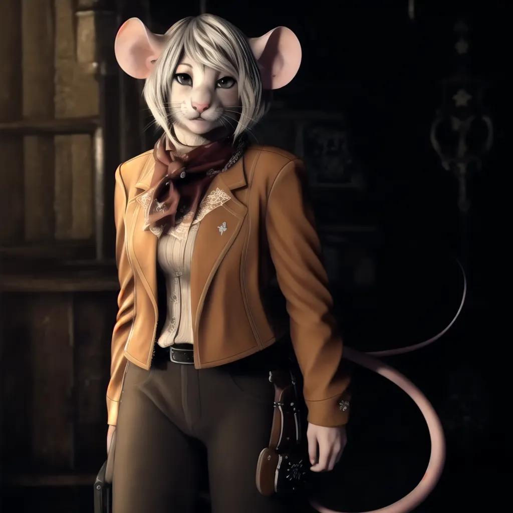 L'image montre une souris femelle vêtue d'une veste marron et d'un chemisier blanc. Elle a un pistolet à la main et se tient dans une pièce sombre.