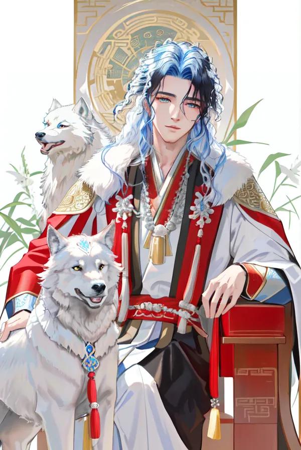 The image shows a man with long blue hair sitting on a throne with two white wolves beside him. The man is wearing a white robe with red and gold trim. He has a calm expression on his face. The wolves are both looking at the man with their tongues hanging out. The background is a white void with a few plants.