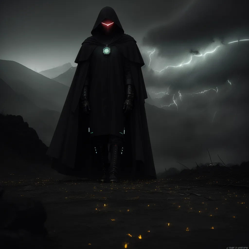 The image is of a tall, cloaked figure standing in a dark, mountainous landscape. The figure is wearing a black cloak with a hood that is pulled up over the head. The cloak is trimmed with green and has a green circle on the chest. The figure's hands are visible, and they are wearing black gloves. The figure is also wearing black boots. The landscape is dark and mountainous, and there is a storm in the background. The storm is producing lightning, and the lightning is illuminating the figure. The figure is standing in a field of grass, and the grass is blowing in the wind.