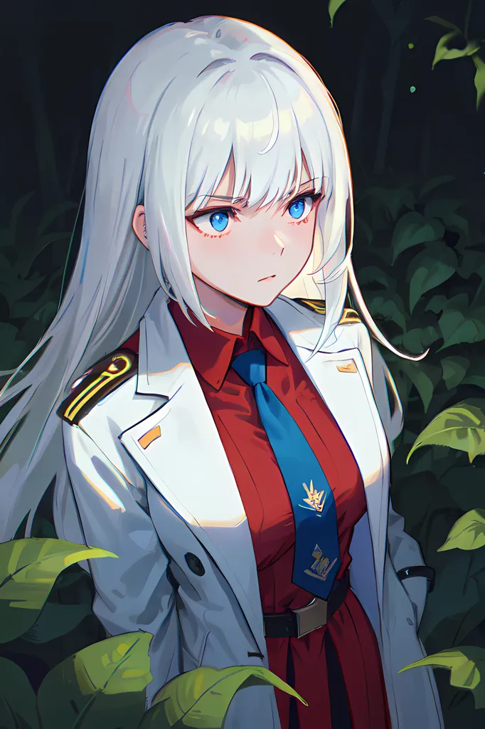 A young woman with long white hair and blue eyes is standing in a forest. She is wearing a white military-style coat with a red shirt and tie. She has a serious expression on her face.