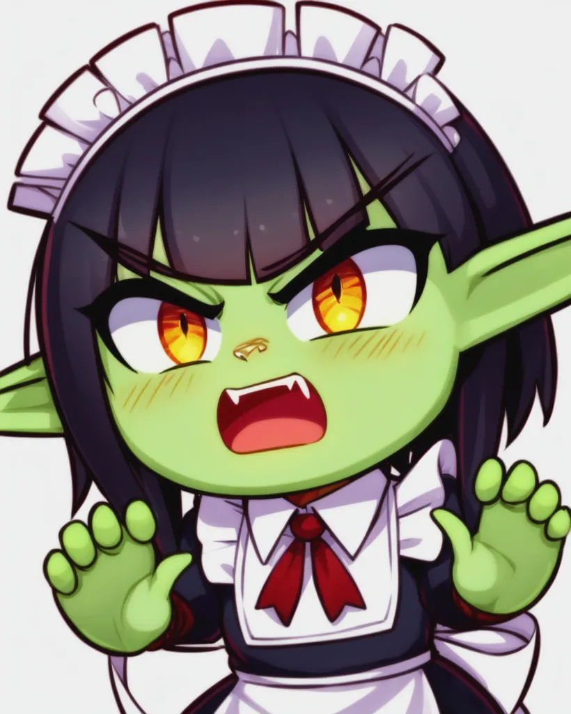 The image is of a green goblin girl with black hair and yellow eyes. She is wearing a white and black maid outfit with a red bow. She has a blush on her cheeks and her mouth is open in a surprised expression. She is holding her hands out in front of her.