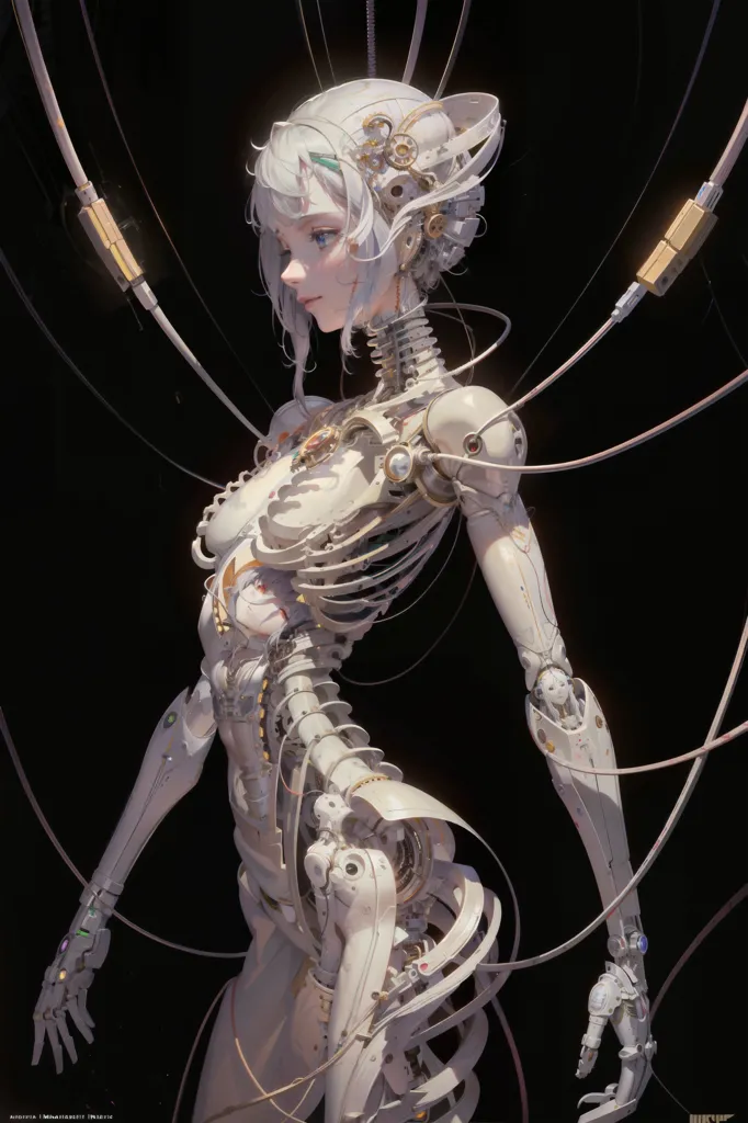 La imagen es una pintura digital de una cíborg femenina. Tiene el cabello blanco y los ojos verdes, y su cuerpo está compuesto principalmente de metal y cables. Lleva un body negro. Hay varios cables enchufados en su cabeza y columna vertebral. El fondo es negro.