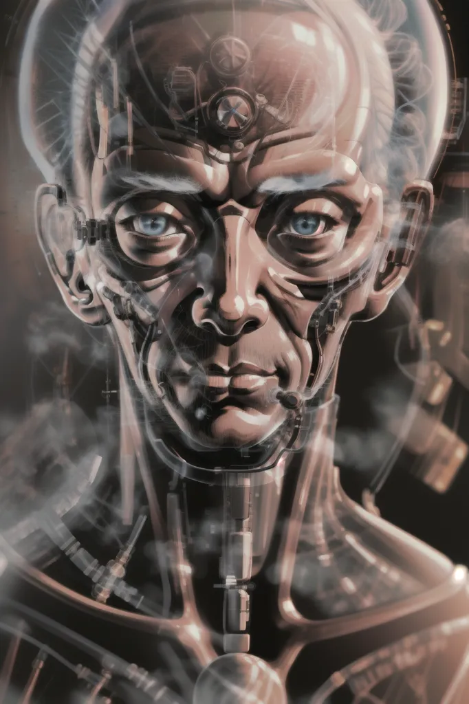 The image is depicting a cyborg with a glass dome over its head. The cyborg has wires and mechanical parts visible on its face and neck. The face looks like an older person with wrinkles and a furrowed brow. The eyes are blue and the lips are slightly parted. The cyborg is looking at the viewer with a neutral expression. The background is dark with a spotlight shining on the cyborg.