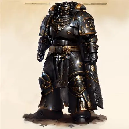 A imagem mostra um Irmão Espacial do universo de Warhammer 40k. Ele está usando uma armadura de Terminator preta e dourada e possui uma capa.