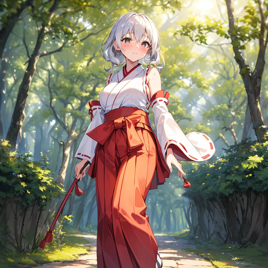 The image shows a girl with white hair and red eyes wearing a traditional Japanese miko outfit walking in a forest. She is carrying a red and white staff in her right hand. The forest is green and lush, and the sun is shining through the trees. The girl is smiling and looks happy and pea