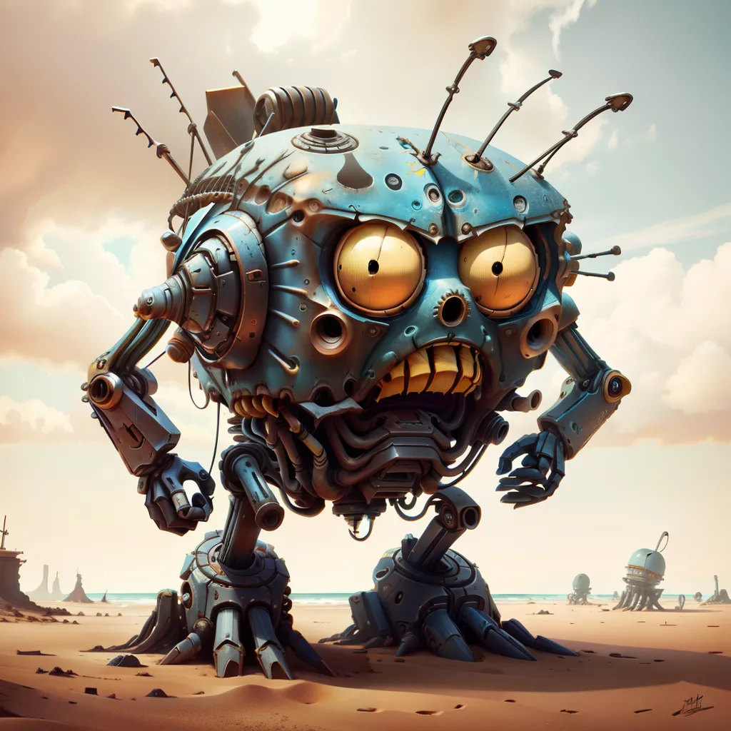 The image shows a steampunk robot standing in the desert. The robot is made of metal and has a round body with a large head. It has two big yellow eyes, a mouth with sharp teeth, and several antennae sticking out of its head. The robot is also wearing a pair of goggles. In the background, there are more robots in the distance and a large, rocky structure. The sky is cloudy and there are two suns.