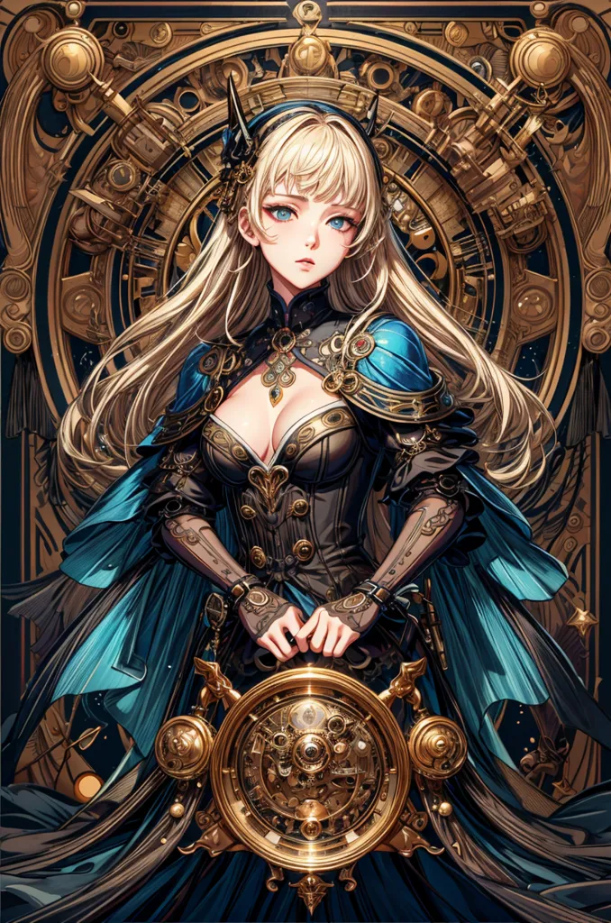 The picture shows a beautiful anime girl with long blond hair and blue eyes. She is wearing a steampunk-style outfit with a blue and black corset, a long blue skirt, and a brown cape. She is also wearing a large necklace and a pair of earrings. She is standing in front of a large clockwork device, which she appears to be operating. The background is a dark blue color, with a few stars and clouds. The overall tone of the picture is mysterious and intriguing.