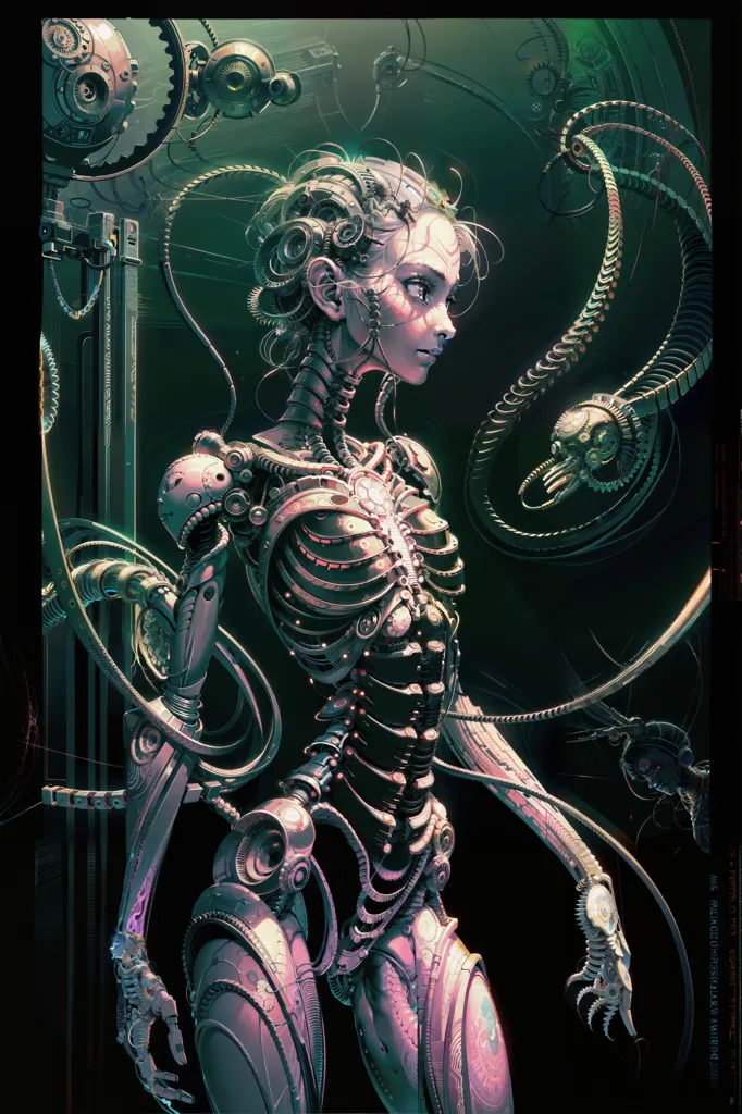 La imagen es una pintura oscura y detallada de una mujer cíborg. Ella está de pie en un entorno steampunk, rodeada de extrañas máquinas y artilugios. La mujer lleva un corsé y un par de pantalones hechos de metal y cables. Su piel es pálida y sus ojos brillan. Tiene varios cables y tubos conectados a su cuerpo. La pintura está llena de misterio e intriga, y deja al espectador preguntándose cuál es la historia de la mujer.