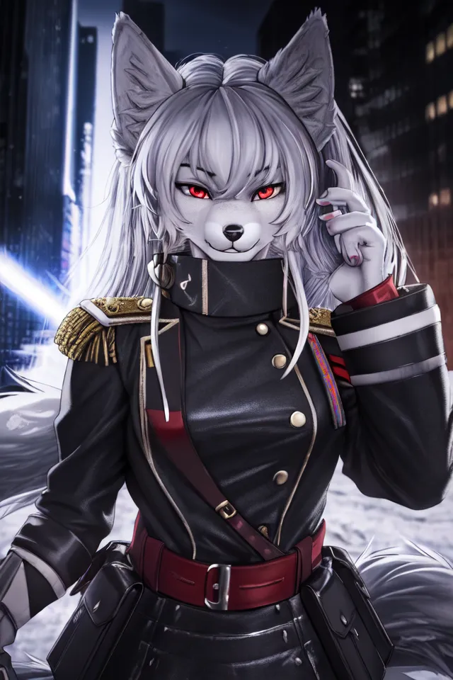 The image is of a beautiful anime girl with wolf ears and red eyes. She is wearing a black military uniform with a red sash and a white fur collar. She has a confident expression on her face and is looking at the viewer with her right hand on her hip. She has long white hair that is flowing in the wind. The background is a blurred city at night.