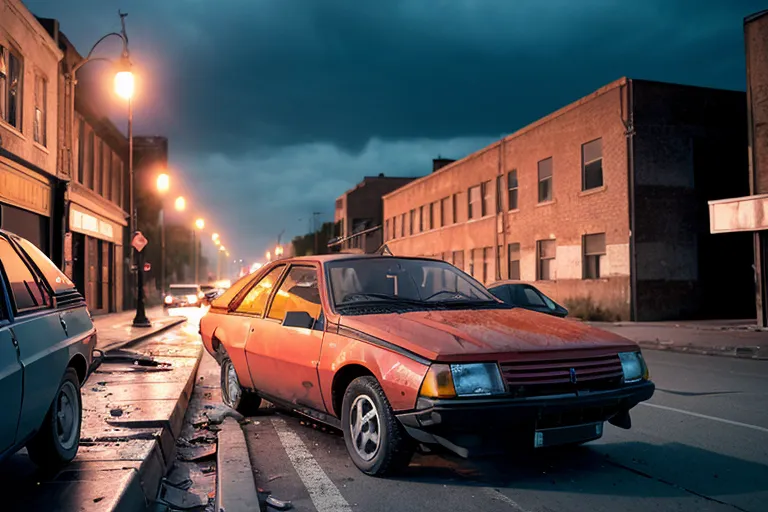 A lone, red vintage car sits abandoned on a broken and empty street. The street is lined with tall, brick buildings that are in various states of disrepair. The sky is dark and cloudy, and the only light comes from a few street lamps. The car is old and rusty, and it looks like it has been sitting there for a long time. The image is post-apocalyptic and conveys a sense of loneliness and isolation.