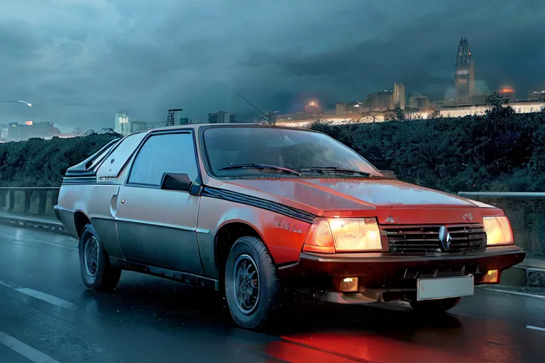 Un Renault Fuego rojo y gris está estacionado en un puente bajo la lluvia. El automóvil está en primer plano y está orientado hacia la derecha de la imagen. El fondo es un paisaje urbano con un cielo oscuro y nublado. El coche está mojado por la lluvia y los faros están encendidos. El coche es un hatchback de dos puertas con un capó largo y un maletero corto. Tiene un techo de vinilo negro y las ruedas son de aleación plateada.