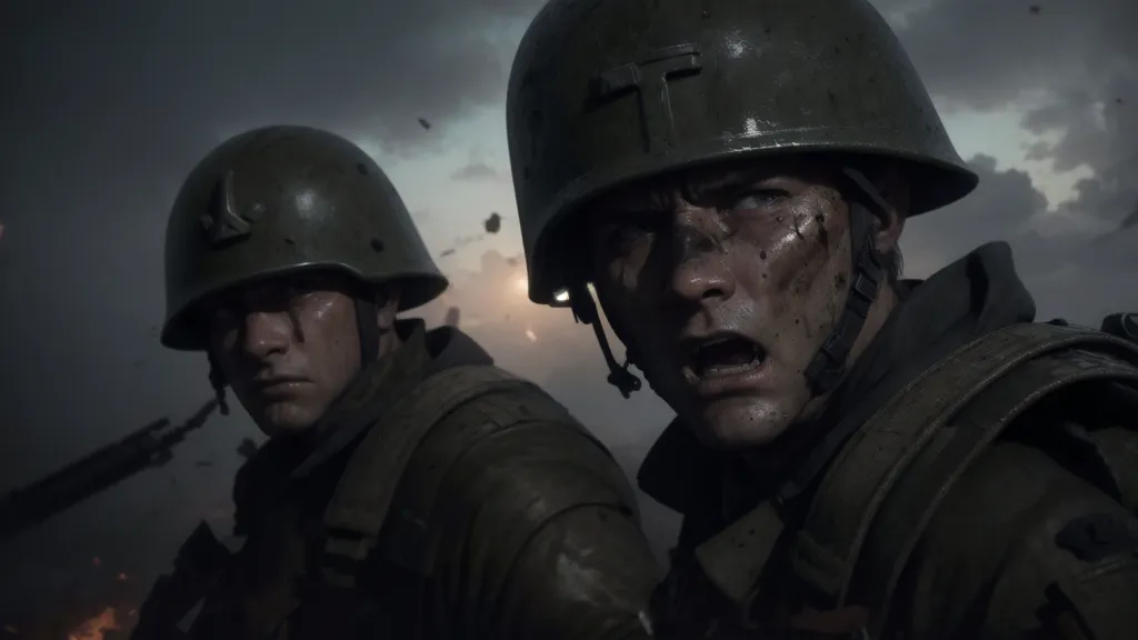 The image shows two soldiers wearing green helmets. They are in the middle of a war zone. One of the soldiers is looking at the camera and seems to be screaming. The other soldier is looking to the side. The background is blurry, but it looks like there is an explosion happening. The image is very realistic and seems to capture the horror of war.