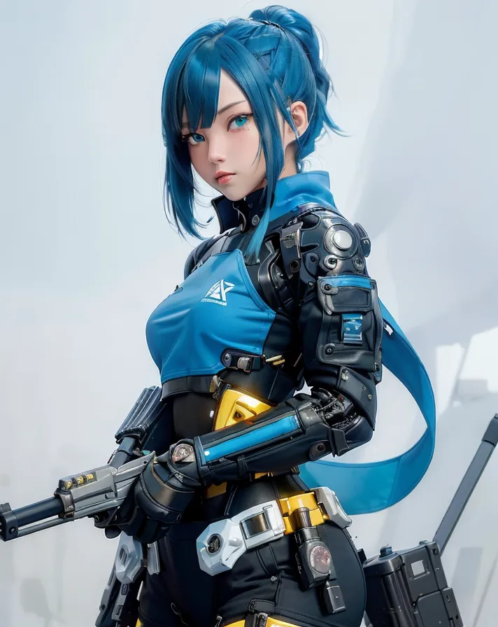 This is an image of a young woman. She has blue hair and blue eyes. She is wearing a blue and black outfit. She is also wearing a yellow belt and a black glove on her right hand. She is holding a gun in her right hand. She is standing in front of a white background.