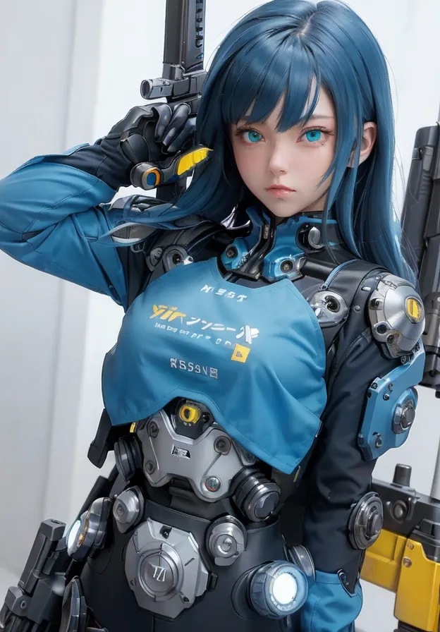 The image is a digital painting of a young woman with blue hair and eyes. She is wearing a futuristic outfit with a blue bodysuit and a yellow and gray chest plate. She is also wearing a pair of black gloves and boots. The woman is standing in a confident pose, with her left hand on her hip and her right hand holding a gun. She has a serious expression on her face. The background of the image is a blur of light and dark colors.