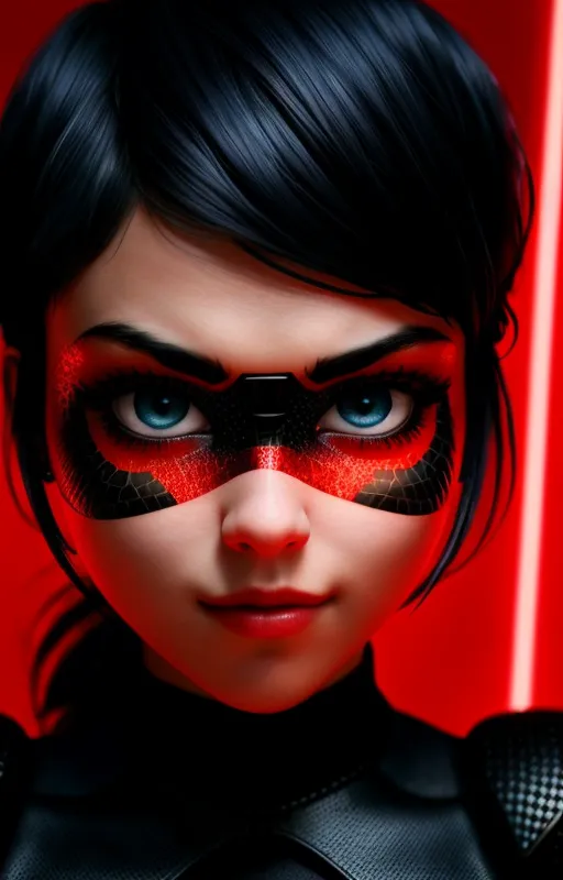 The picture shows a young woman with short black hair and blue eyes. She is wearing a black and red skin-tight suit with a red mask that covers her nose and mouth. The mask has black web-like designs on it. She is looking at the viewer with a serious expression. The background is red.