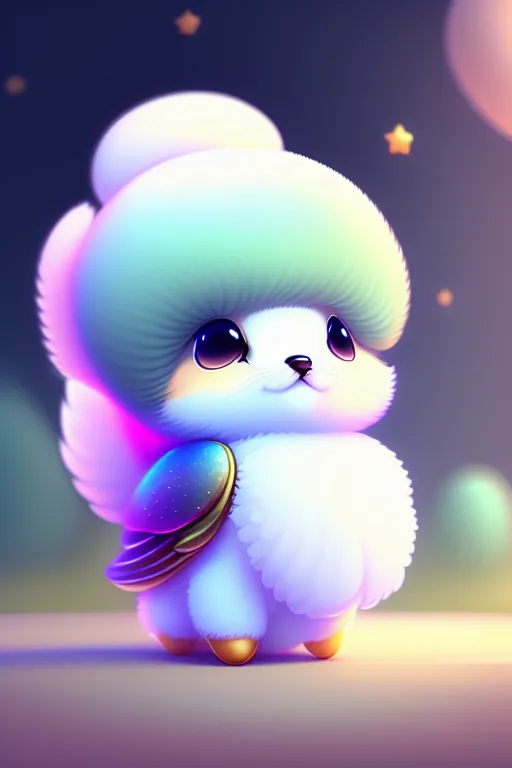 The image shows an adorable cartoon creature with a fluffy white body and a colorful mane. The creature has big, round eyes and a small, black nose. It is wearing a golden collar with a green and blue gem on it. The creature is standing on a purple platform with a starry night sky in the background. The creature is looking at the viewer with a curious expression.