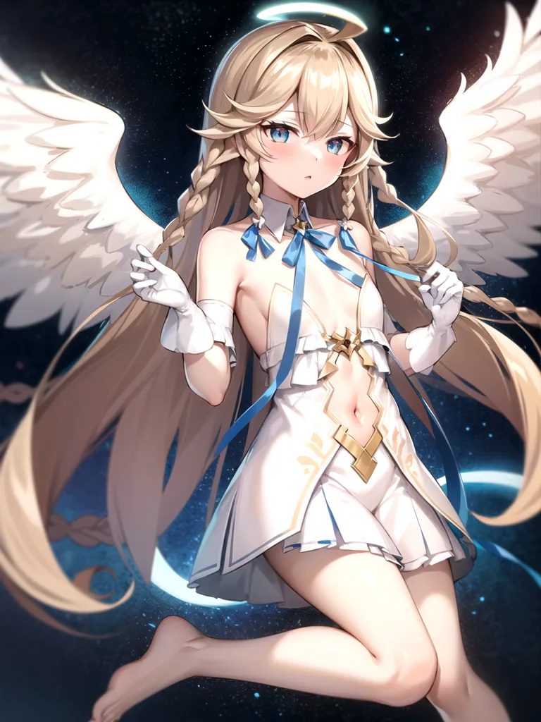 La imagen es de una chica de estilo anime con cabello rubio largo y ondulado y ojos azules. Lleva un vestido blanco con un lazo azul en el cuello y tiene un halo sobre la cabeza. También tiene alas de ángel hechas de plumas blancas. Está descalza y parece estar flotando en el espacio.