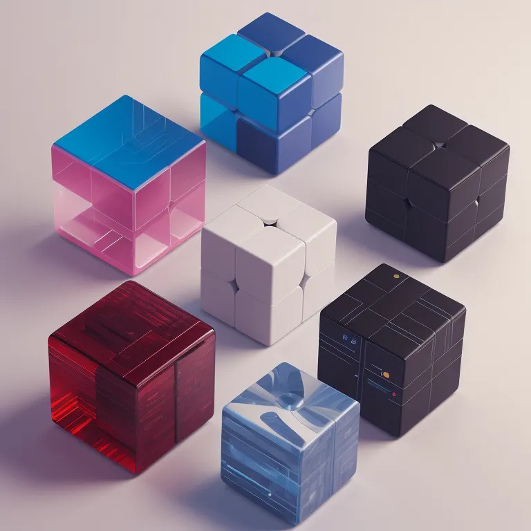 Il y a six cubes de Rubik de différentes couleurs et styles. Les cubes sont disposés en cercle autour d'un point central. Les cubes sont faits de différents matériaux, notamment du verre, du métal et du plastique. Les couleurs des cubes sont le rouge, le bleu, le vert, le jaune, l'orange et le blanc. Les cubes sont tous dans des orientations différentes.