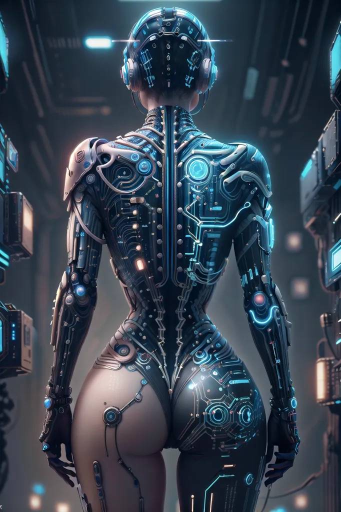 The image shows a female robot with a metallic body and a human-like figure. The robot is wearing a black bodysuit with blue and white details. It has a large number of wires and cables attached to its body. The robot's face is expressionless and it is looking straight at the viewer. The background of the image is a dark, metallic corridor with blue lights on the walls.