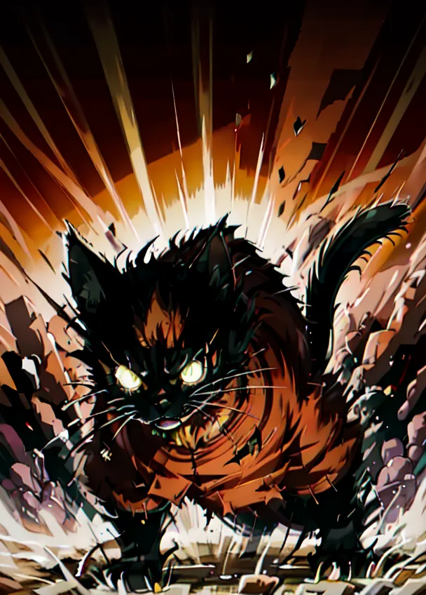 The image is of a black cat with orange eyes and a red scarf. It is standing in a fighting stance, with its fur bristling and its claws unsheathed. The background is a bright orange, with rays of light shining down from the top. The cat is surrounded by rubble, suggesting that it has been in a fight. The image is dynamic and full of energy, and it captures the ferocity and power of the cat.