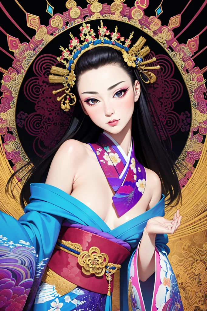 A imagem mostra uma bela mulher asiática com cabelos longos e pretos e olhos azuis. Ela está usando um quimono japonês tradicional com um padrão floral e uma faixa obi vermelha. Seu cabelo é adornado com uma tiara dourada e ela está usando um colar rosa com um pingente dourado. O fundo é azul escuro com um padrão dourado. A mulher está em uma pose confiante, com uma mão na cintura e a outra estendida à sua frente.