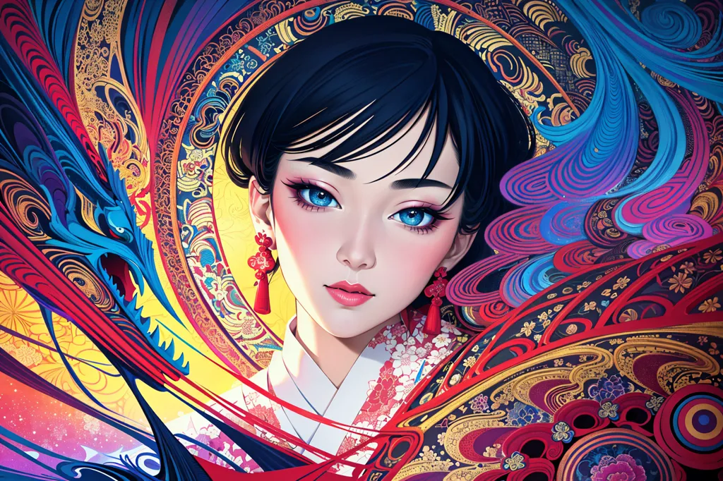 This image is a painting of a young woman with short black hair and blue eyes. She is wearing a traditional Japanese kimono with a red and white floral pattern. The background is a swirling pattern of blue, purple, and red. There is a dragon in the background on the left side and several flowers on the right. The woman's expression is serene and peaceful.