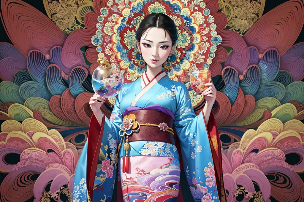 The image is a painting of a beautiful Asian woman wearing a blue kimono with pink and white flowers and a red obi. She has long black hair and is wearing traditional Japanese makeup. She is holding a glass of water in one hand and a glass of wine in the other. The background is a golden pattern of waves and clouds.