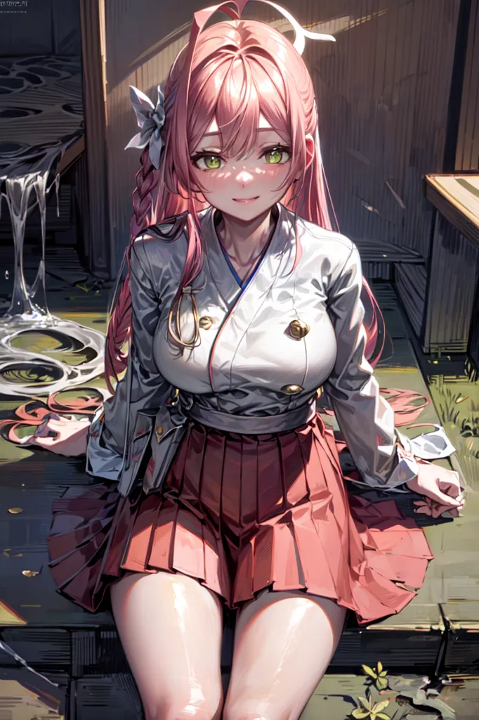 The image depicts a young woman with pink hair and green eyes. She is wearing a white shirt, a red skirt, and a pink bow in her hair. She is sitting on a wooden floor with water on it, and there is a plant to her right. The woman has a happy expression on her face.