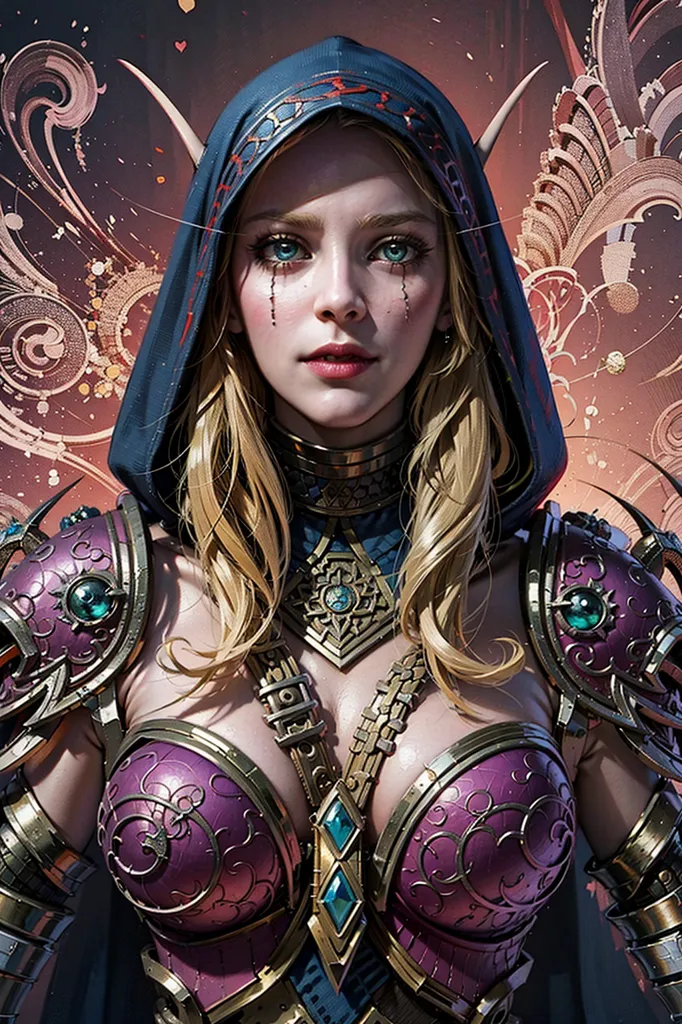 The picture shows a beautiful young woman with long blond hair. She is wearing a purple and gold breastplate and a blue hood. The woman has blue eyes and is looking at the viewer with a serious expression. She is also wearing a necklace and earrings. The background of the picture is a dark color with some light blue and purple highlights.