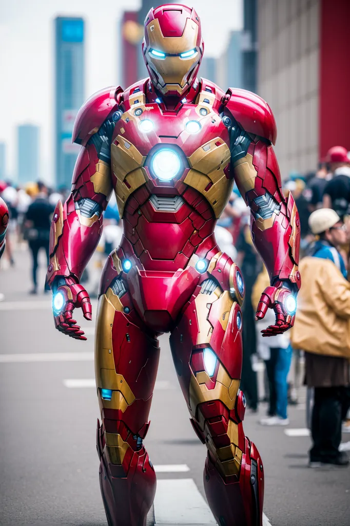 The image shows a man in an Iron Man suit. The suit is red and gold, and it has a glowing arc reactor on the chest. The man is standing in a city street, and there are people walking around him. The people are all wearing casual clothes, and they are all looking at the man in the Iron Man suit.