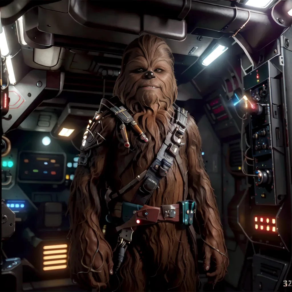 Chewbacca is a Wookiee from the planet Kashyyyk. He is a tall, hairy creature with a strong build. He is a loyal friend and a fierce warrior. He is also a skilled pilot and mechanic. In this image, Chewbacca is standing in the cockpit of the Millennium Falcon. He is wearing a bandolier and a utility belt. He has a blaster pistol holstered on his right hip. He is looking at the camera with a determined expression.