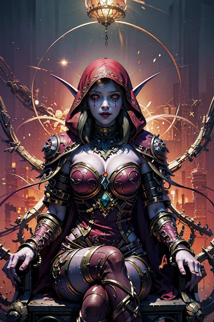 This is an image of a blood elf female from the Warcraft video game series. She is sitting on a dark throne with a golden lamp above her head. She is wearing a red and brown outfit with golden shoulder pads and a hood. She has long blonde hair and green eyes. She is also wearing a necklace and earrings. The background is dark with a cityscape in the distance.