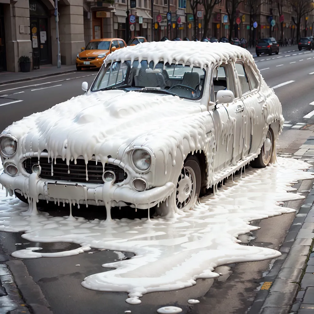 The image shows a white car covered in white foam. The foam is dripping off the car and onto the street. The car is parked on a city street, and there are buildings and trees in the background. The image is taken from a low angle, and the car is in the foreground. The foam is thick and bubbly, and it looks like it has been poured over the car. The car is old and rusty, and it looks like it has been abandoned. The image is a still life, and there is no movement in the scene. The only sound is the dripping of the foam. The image is eerie and unsettling, and it leaves the viewer wondering what has happened.