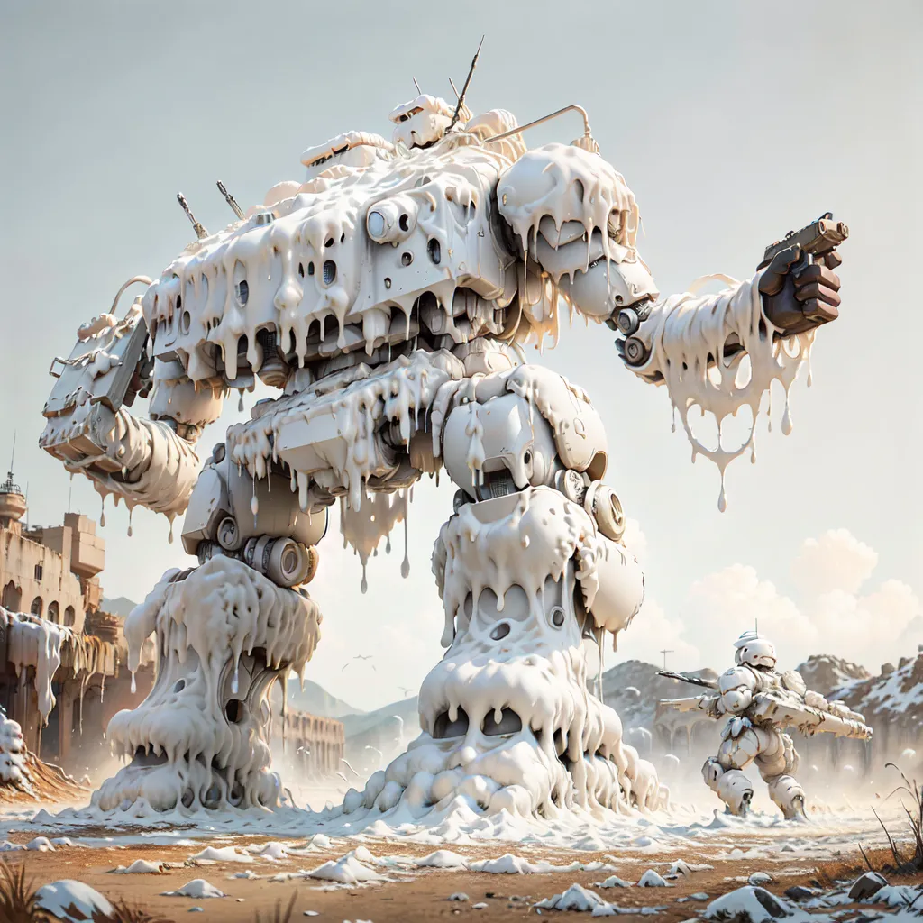 The image depicts a giant white robot standing in a snowy landscape. The robot is made of metal and has a humanoid shape. It has two arms, two legs, and a head. The robot's body is covered in a thick layer of snow. There is a smaller robot standing in front of it, also covered in snow. The smaller robot is holding a gun. In the background, there is a large castle.