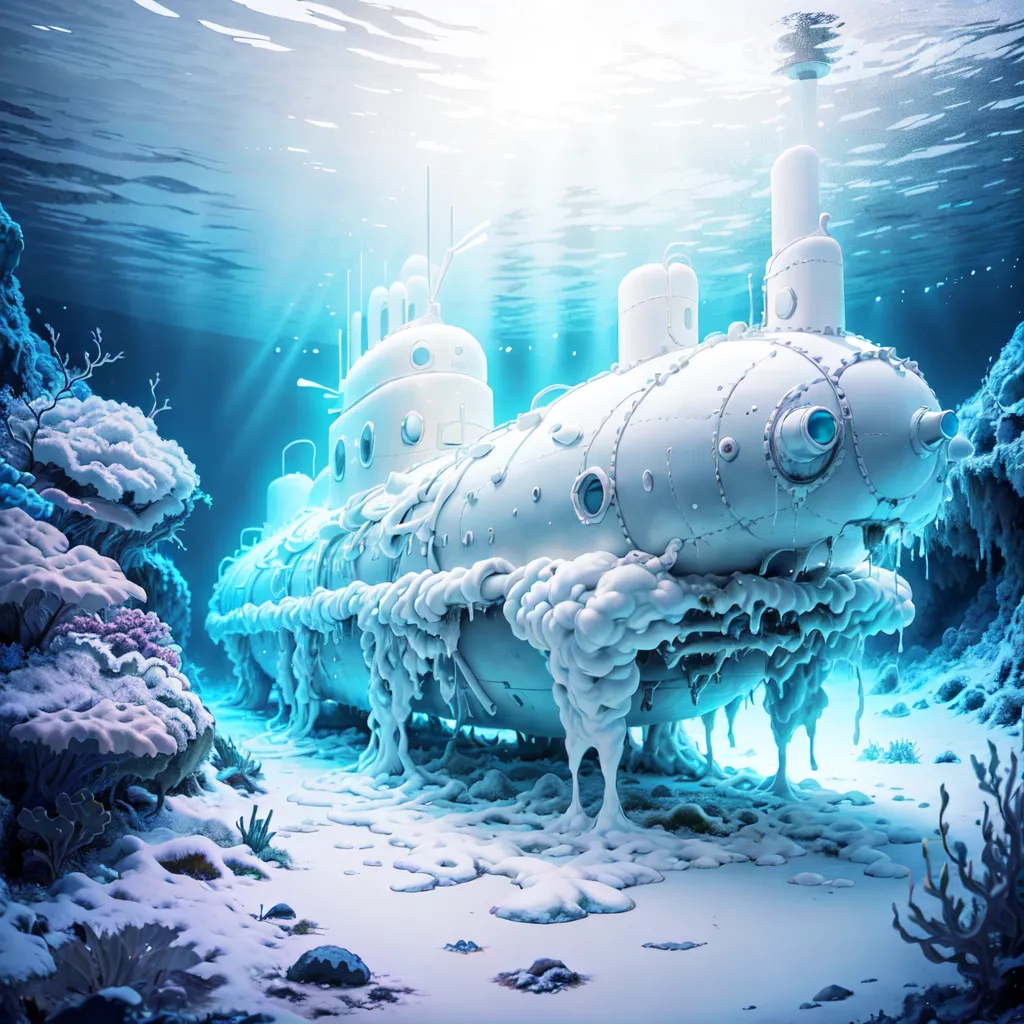 The image shows a white submarine covered in ice and snow. It is sitting on the ocean floor, surrounded by coral reefs. The water is a deep blue color.