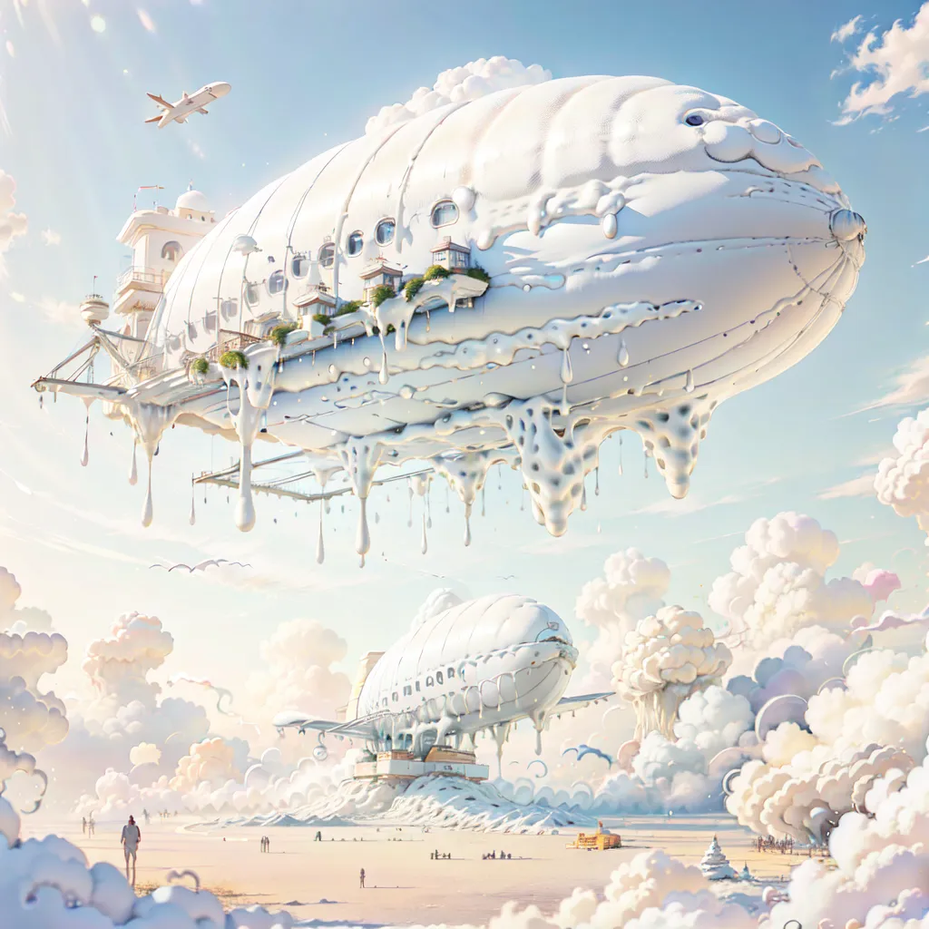 The image shows a large white airship with buildings and trees on it. It is floating in the sky above a city. There are smaller airships flying around it. The sky is blue and cloudy. There are people on the ground watching the airships.