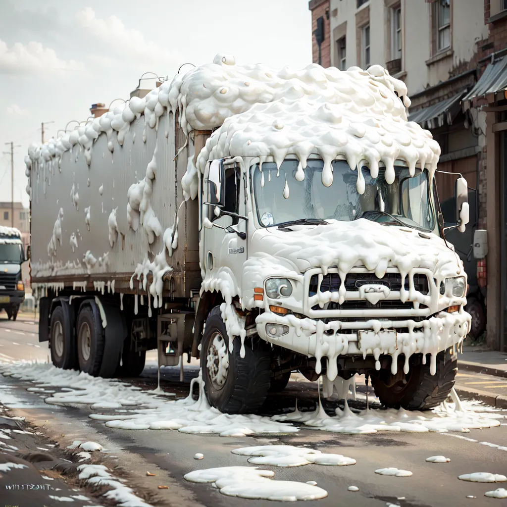 L'image montre un gros camion blanc recouvert de mousse blanche. La mousse coule du camion et tombe au sol. Le camion est arrêté dans une rue de la ville, et on peut voir des bâtiments et des arbres en arrière-plan. Le ciel est nuageux et il y a un bâtiment avec une façade en brique en arrière-plan.