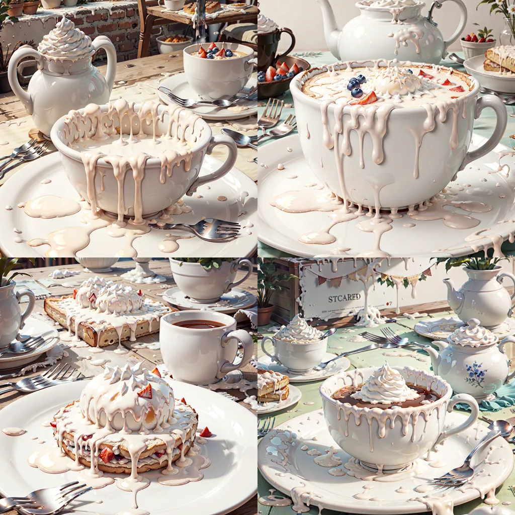 The image shows a table set with white dishes and silverware. There is a large pitcher of cream or milk in the center of the table, and it has been poured over the dishes and silverware, creating a surreal and messy scene. A large white bowl is filled with cream and berries, and a white plate has a large strawberry-topped dessert on it. There are also several smaller cups and saucers on the table, all of which have been drizzled with cream. The table is covered in a white tablecloth, and there is a pink and white striped napkin on the left side of the table. The background of the image is a blurred pink and white striped pattern.