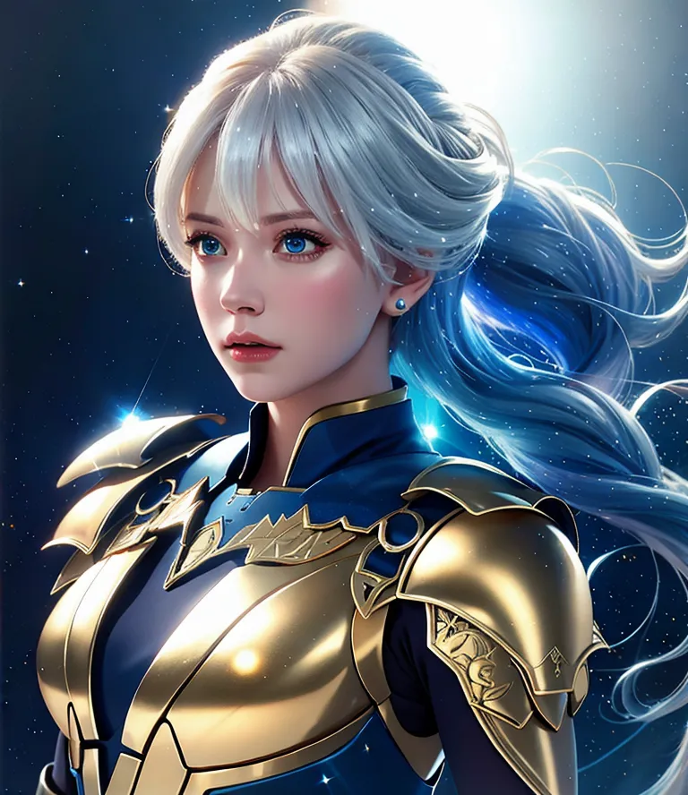 The image is of a beautiful young woman with long white hair and blue eyes. She is wearing a golden breastplate with a blue sash and has a sword at her side. She is standing in a confident pose, with one hand on her hip and the other holding the sword. The background is a dark blue night sky with stars.