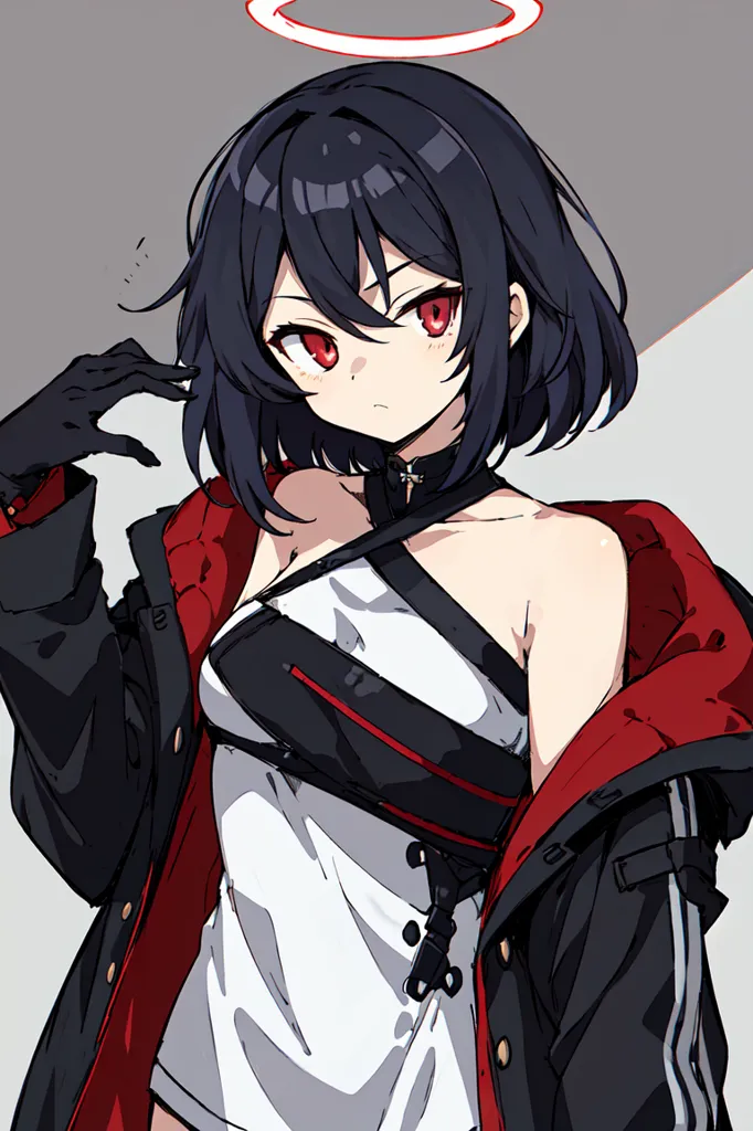 This is an image of a young woman with long black hair and red eyes. She is wearing a white dress with a black jacket and a red and black belt. She is also wearing a black glove on her right hand. She has a halo above her head.