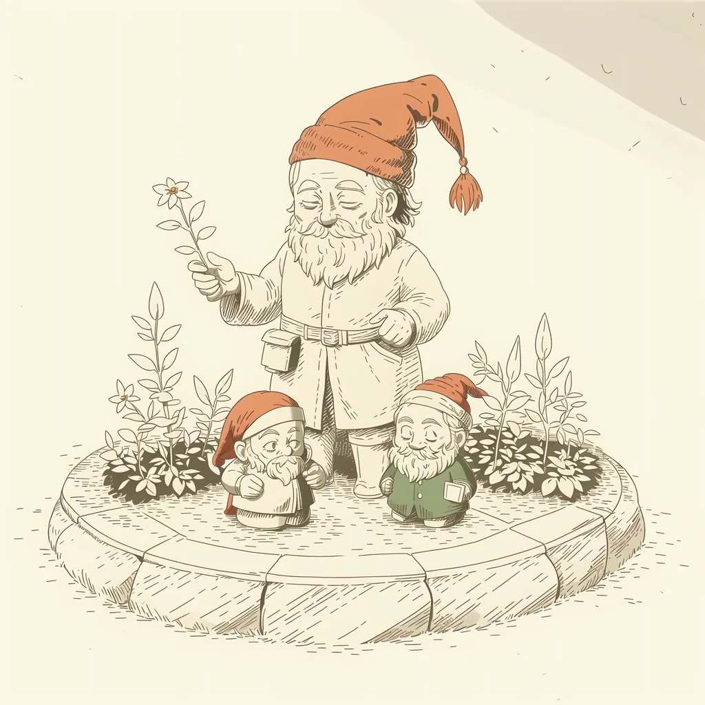 The image shows three gnomes standing on a stone platform. The gnome in the middle is taller than the other two and is wearing a red hat and a long coat. He is holding a flower in his right hand. The gnome on the left is wearing a green hat and a brown coat. He is holding a book in his left hand. The gnome on the right is wearing a red hat and a green coat. He is holding a paintbrush in his right hand. There are some plants and flowers growing around the platform.