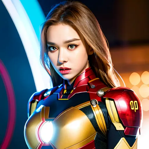 The image shows a young woman with long brown hair and green eyes. She is wearing a red and gold Iron Man suit. The suit has a heart-shaped opening at the top, exposing her cleavage. The suit also has a circular arc reactor on her chest. She is standing with her hands on her hips and has a confident expression on her face.