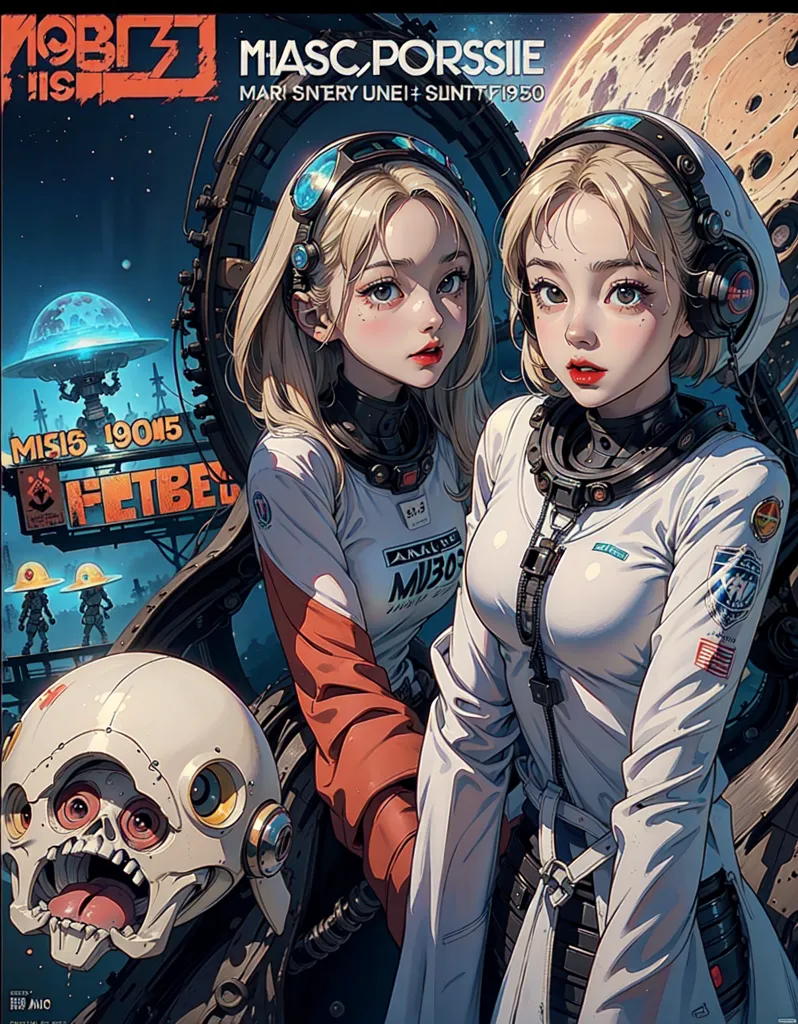 Esta é uma imagem de duas garotas de anime em trajes espaciais futuristas com um crânio de robô no chão à sua frente. O fundo é uma cidade futurista com uma lua grande no céu. As garotas estão em pé em frente a um grande edifício com a palavra "FETBET" nele. A garota da esquerda tem uma arma e a garota da direita tem uma faca. Ambas têm expressões sérias em seus rostos. A imagem é desenhada em um estilo realista com cores vibrantes.