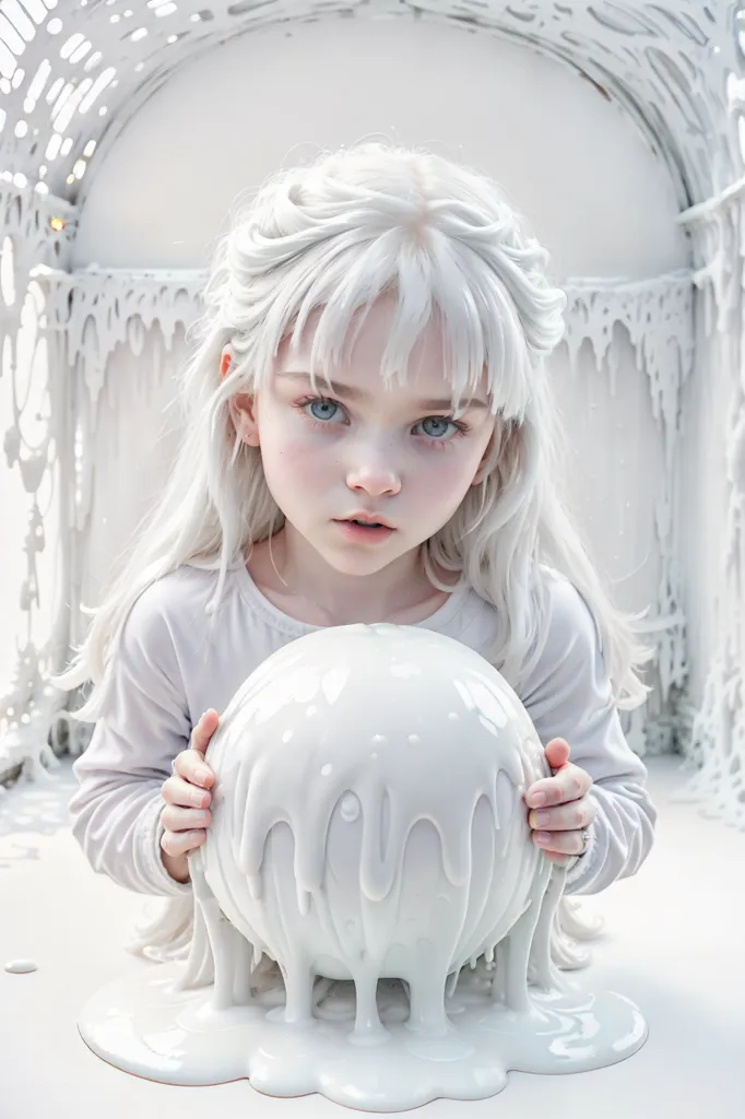 Esta imagem mostra uma menina jovem com cabelos brancos longos e olhos azuis. Ela está usando um vestido branco e está sentada em uma sala branca. O quarto está coberto por um líquido branco, e a menina está segurando uma bola branca grande. A expressão da menina é séria e pensativa.