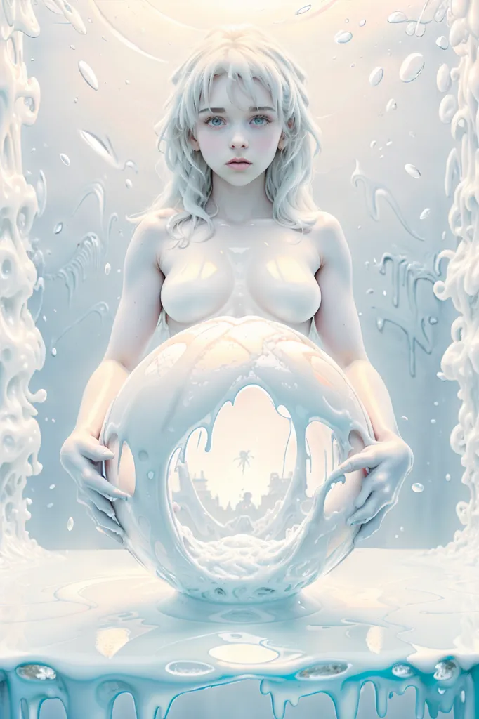 The image is a depiction of a pale-skinned woman with long white hair and blue eyes. She is standing in a white liquid, and her body is covered in the same liquid. The woman's expression is one of serenity. She is holding a large, white sphere in her hands which has a small world inside of it. The sphere is made of the same liquid as the one she is standing in. The background of the image is a swirling mass of the same white liquid.