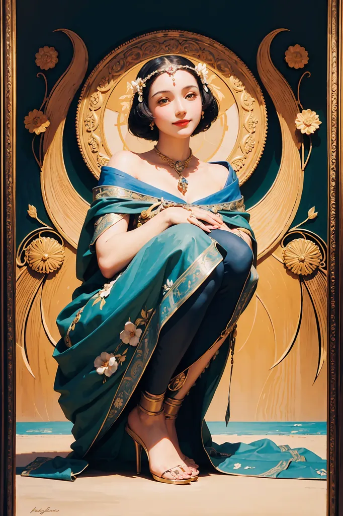 The image shows a young woman with short black hair and a pearl necklace sitting on a golden throne. She is wearing a blue and green dress with a white sash and has a golden bracelet on her right wrist. The background is a dark green color with a golden frame and floral decorations.