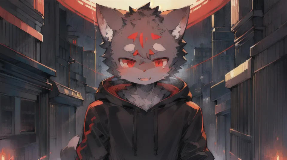 The image is of a furry character in a dark alleyway. The character is a wolf with grey and black fur, red eyes, and a black hoodie. The alleyway is lit by a few lanterns and the character is standing in the shadows. The character has a determined look on their face and is looking at the viewer.