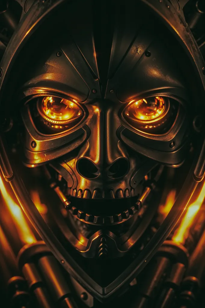 The image is a close-up of a skull with glowing yellow eyes. The skull is made of metal and has a steampunk aesthetic. It is surrounded by flames.