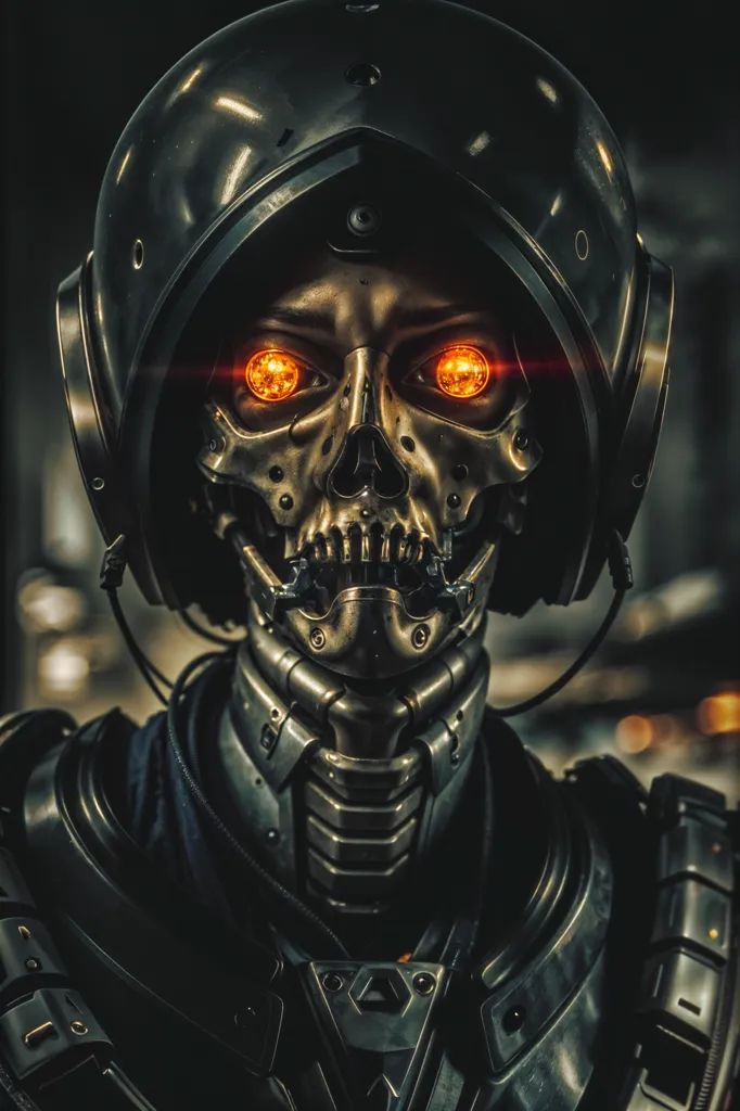 The image is a dark portrait of a cyborg. The cyborg has a metallic skull with glowing orange eyes. It is wearing a black helmet with a clear visor. The rest of its body is covered in black armor. The cyborg is looking at the viewer with a neutral expression. The background is dark and out of focus.