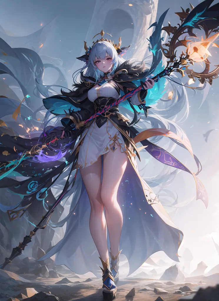 The image is of a beautiful anime-style woman with long white hair and purple eyes. She is wearing a white and black dress with a long flowing cape. She is also wearing a crown and holding a staff in her right hand. She is standing on a rocky cliff with a large mountain in the background.